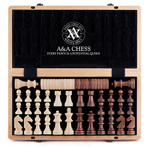A&A Juego de ajedrez y Damas Plegable de Madera 38cm / Piezas de ajedrez...